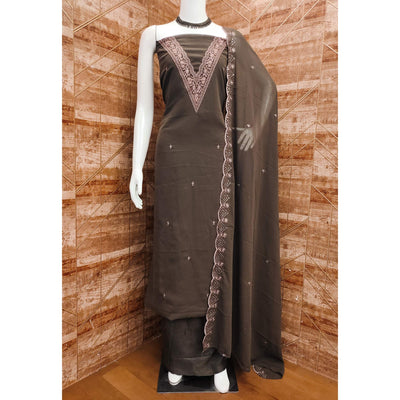 Brown Floral Embroidered Georgette Dress Material