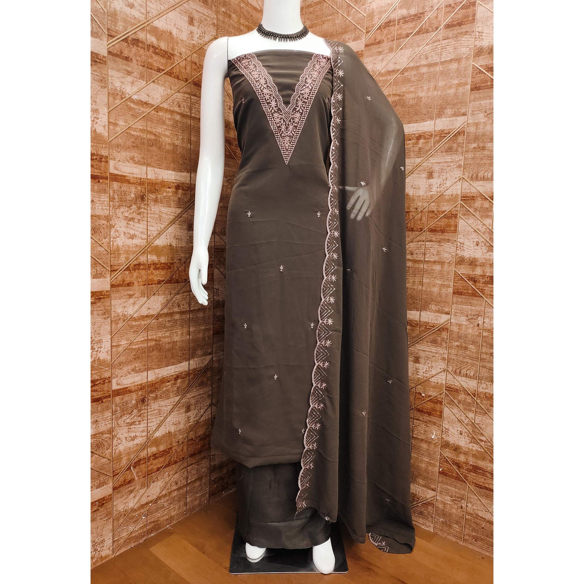 Brown Floral Embroidered Georgette Dress Material