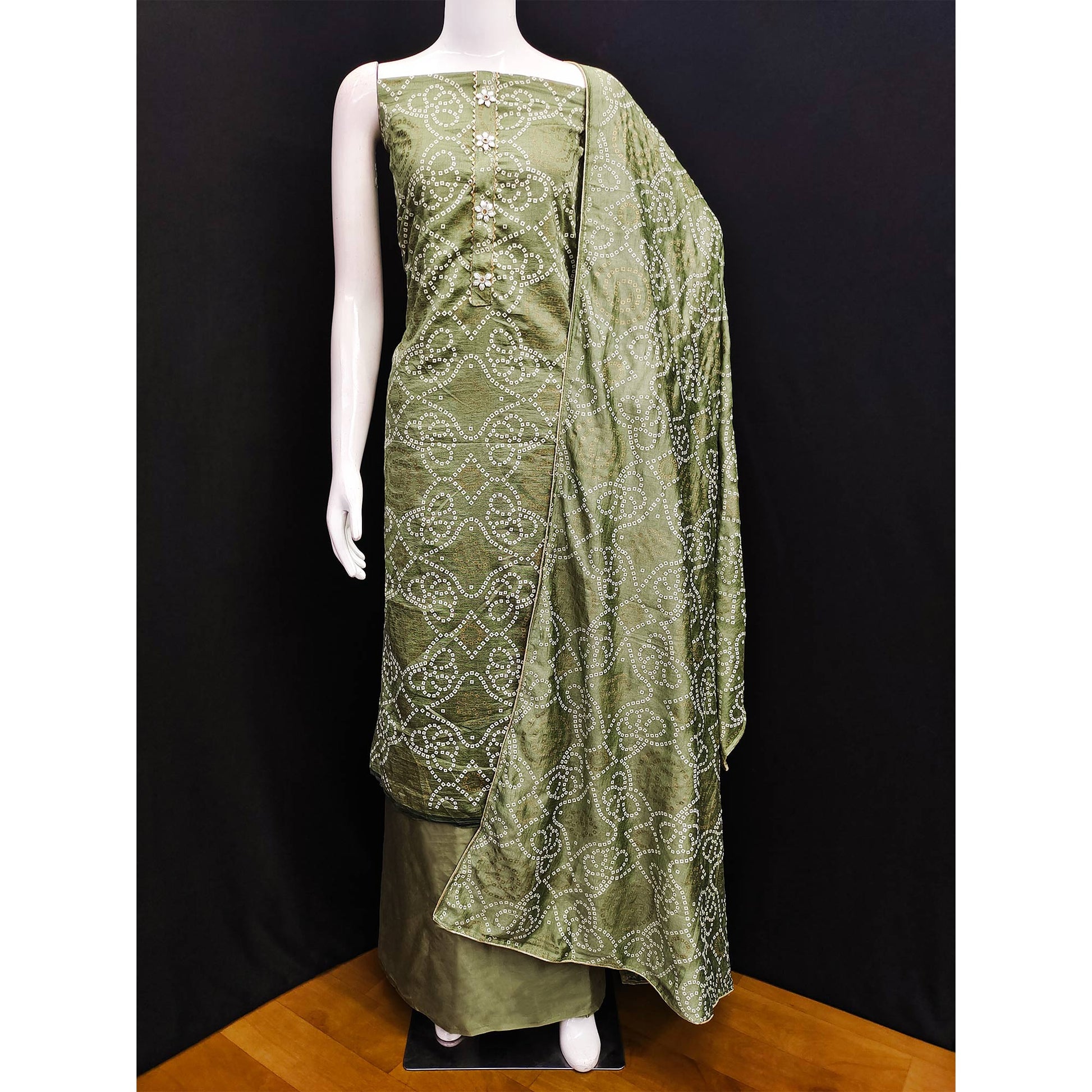 Mehandi Green Bandhani Printed Vichitra Silk Dress Material