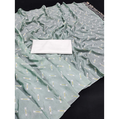 Light Green Printed Chiffon Saree With Tassels