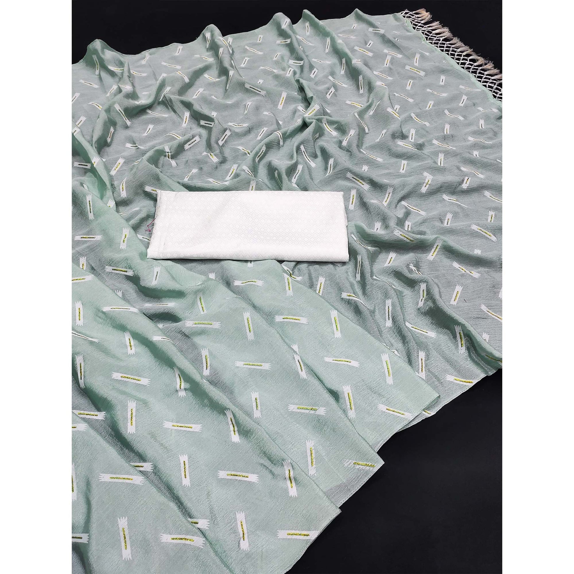 Light Green Printed Chiffon Saree With Tassels