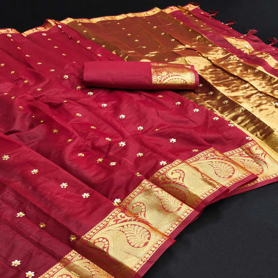 Maroon Woven Chanderi Saree With Tassels