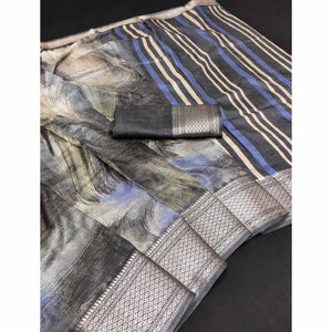Grey Printed Dola Silk Saree With Zari Border