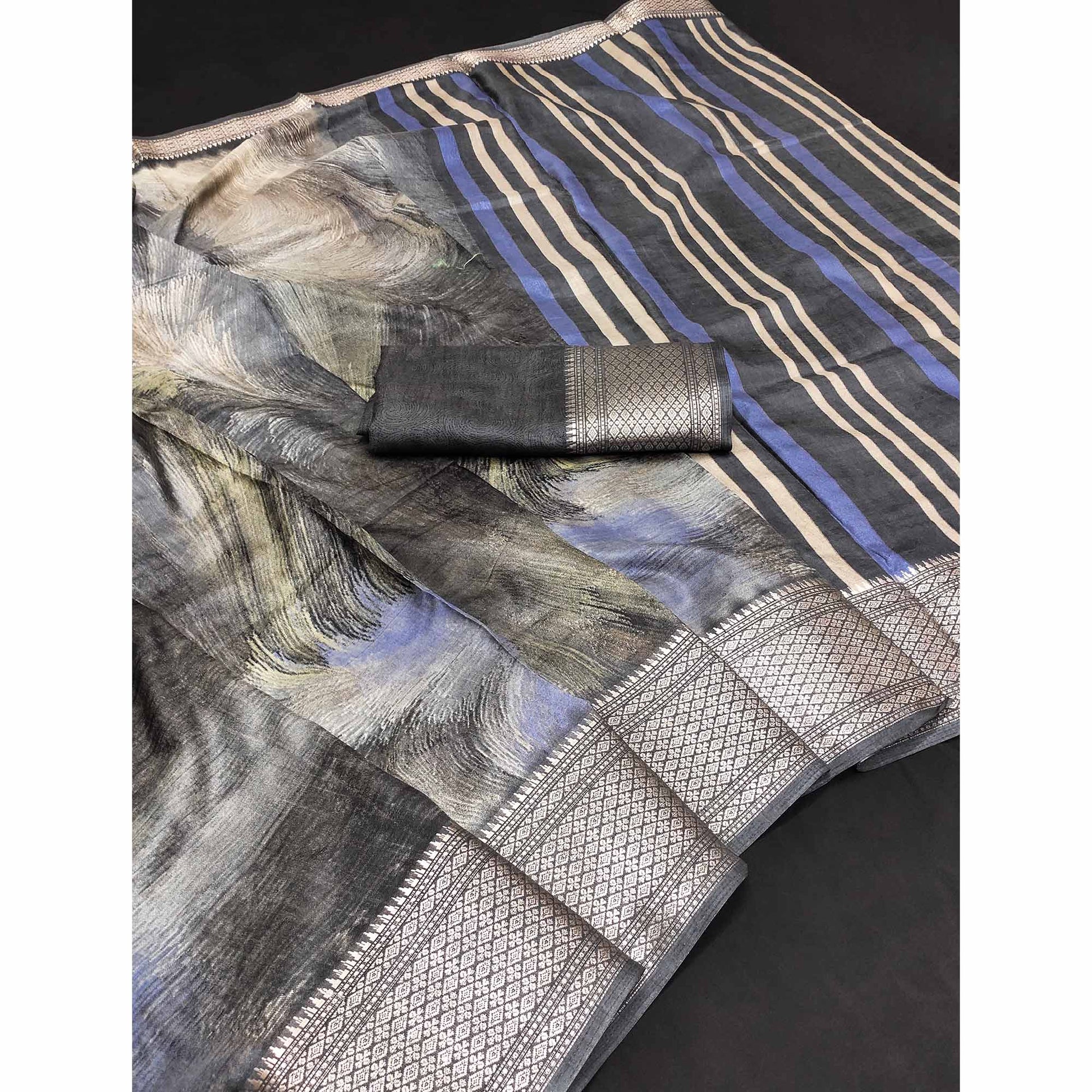Grey Printed Dola Silk Saree With Zari Border
