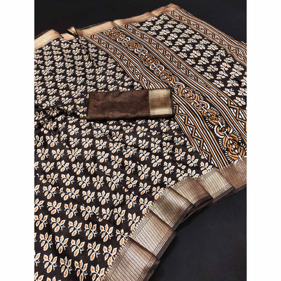 Brown Floral Printed Dola Silk Saree