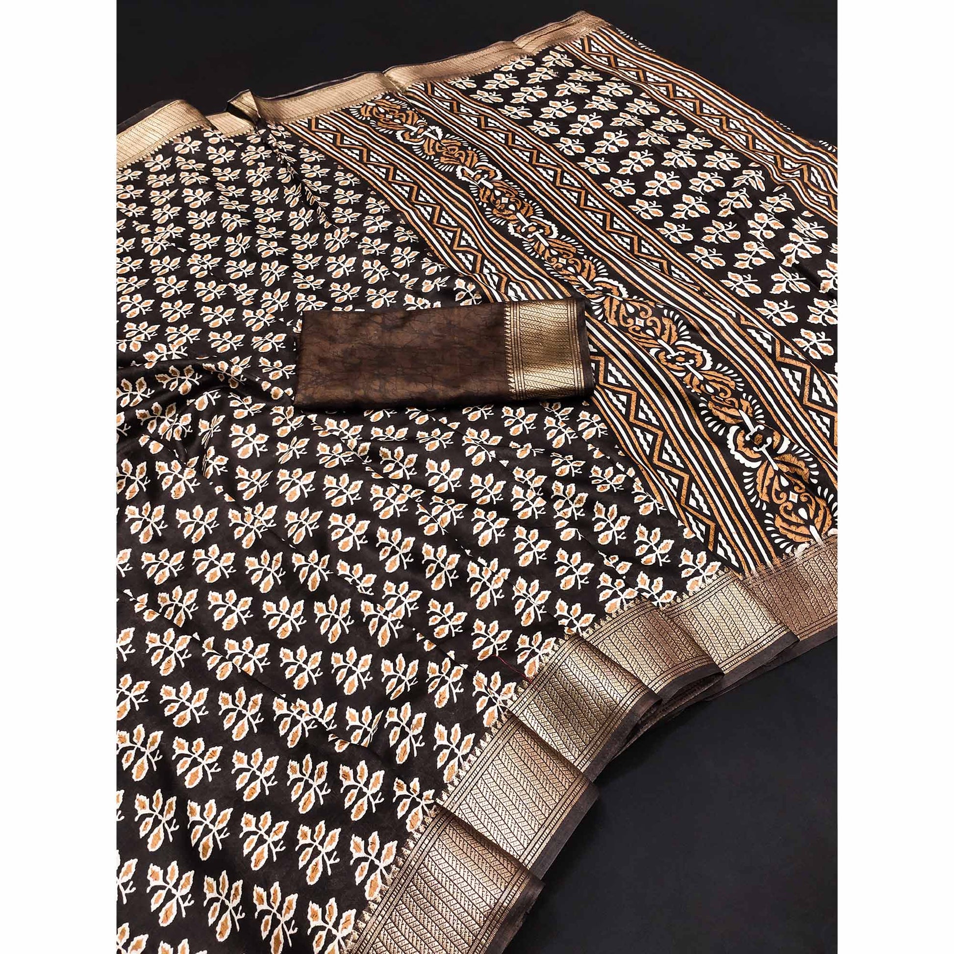 Brown Floral Printed Dola Silk Saree