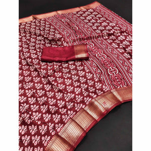 Maroon Floral Printed Dola Silk Saree