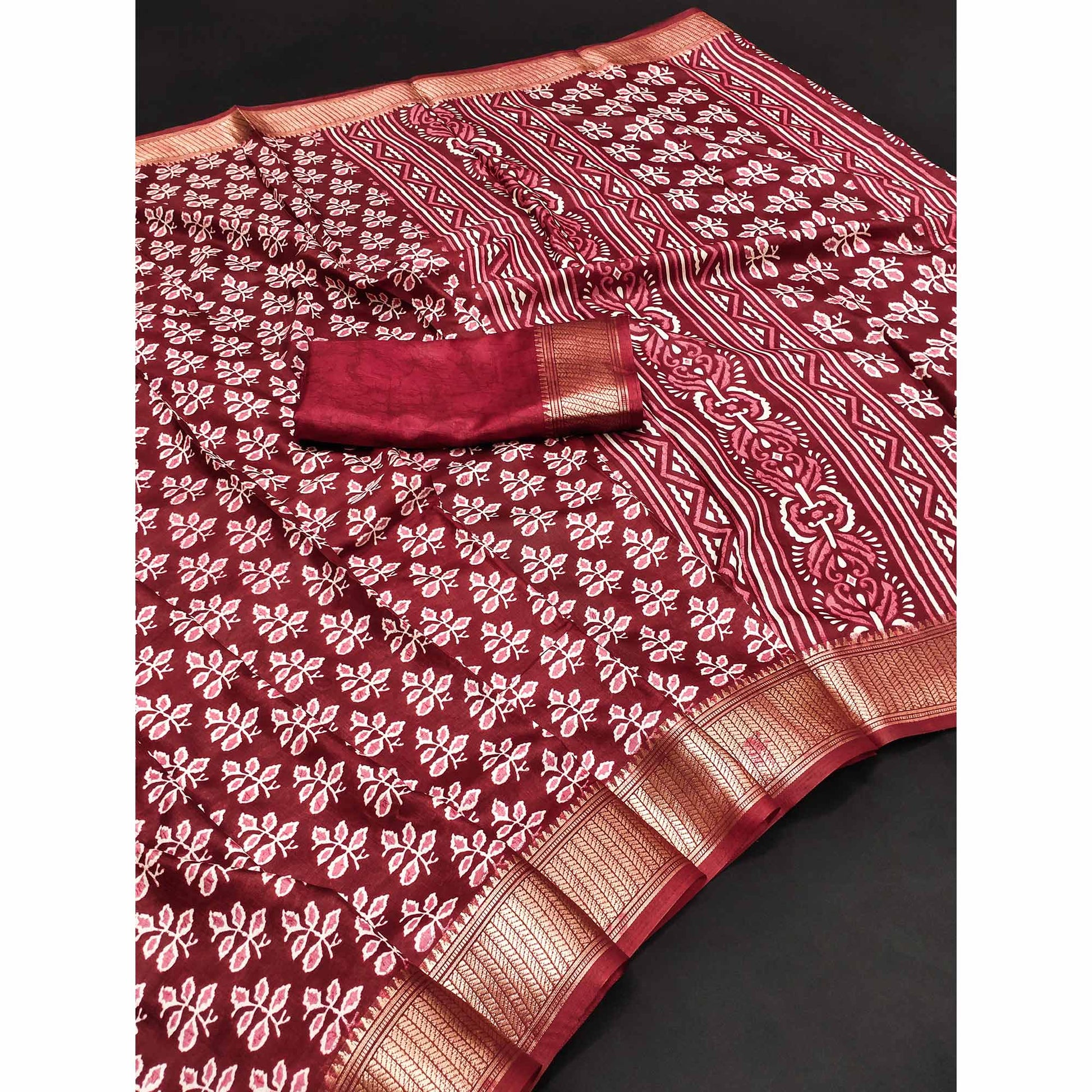 Maroon Floral Printed Dola Silk Saree