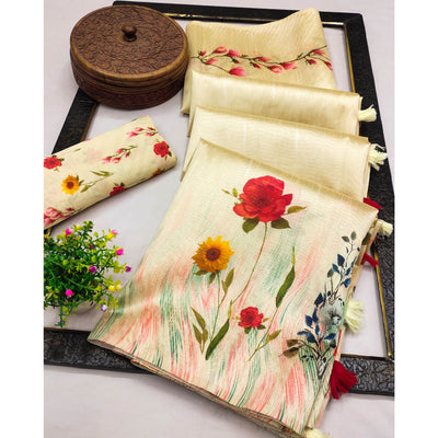 Chikoo Floral Digital Printed Assam Silk Saree With Tassels