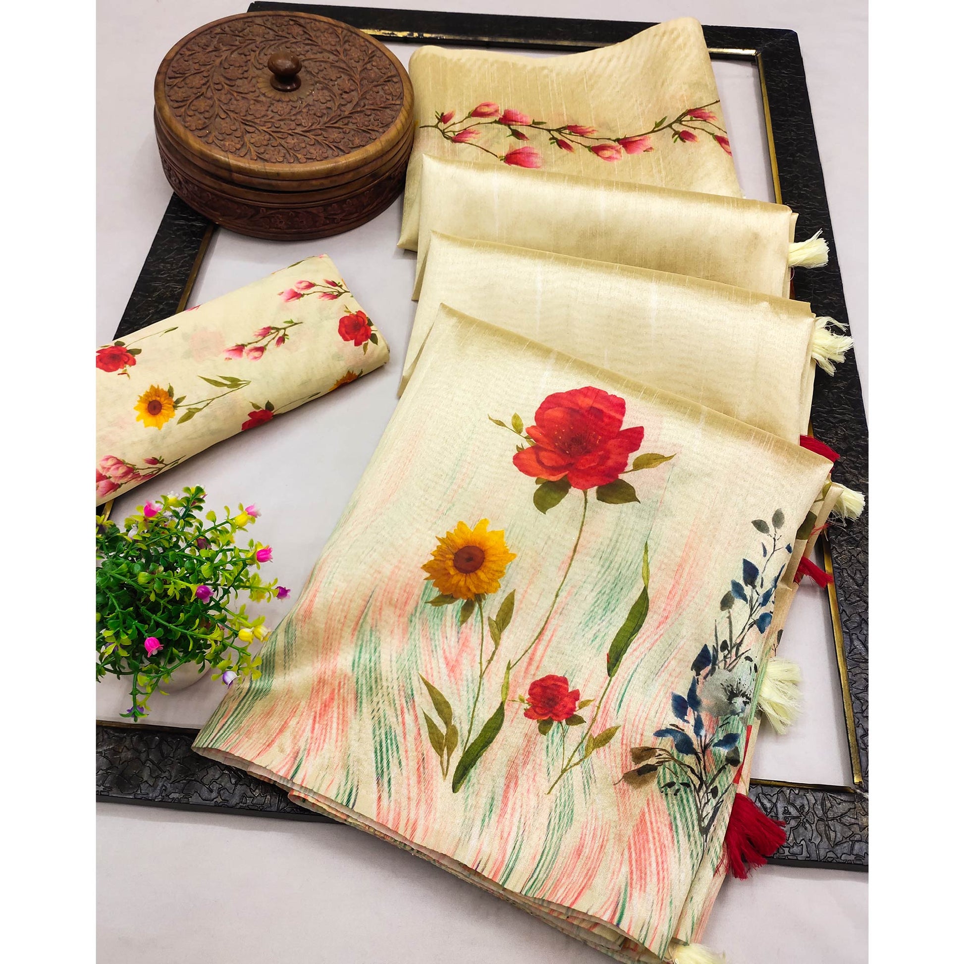 Chikoo Floral Digital Printed Assam Silk Saree With Tassels