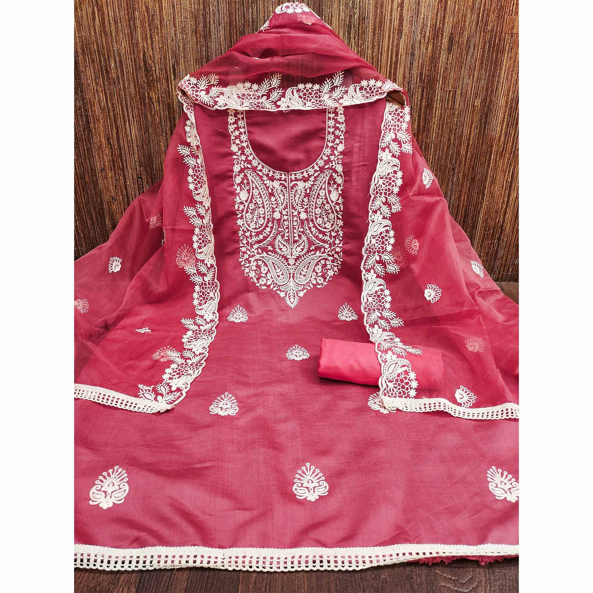 Gajri Pink Floral Embroidered Viscose Dress Material