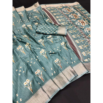 Dusty Turquoise Floral Printed Dola Silk Saree