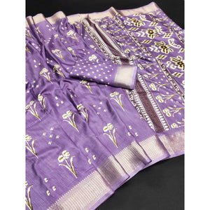 Lavender Floral Printed Dola Silk Saree