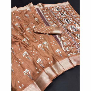 Light Brown Floral Printed Dola Silk Saree