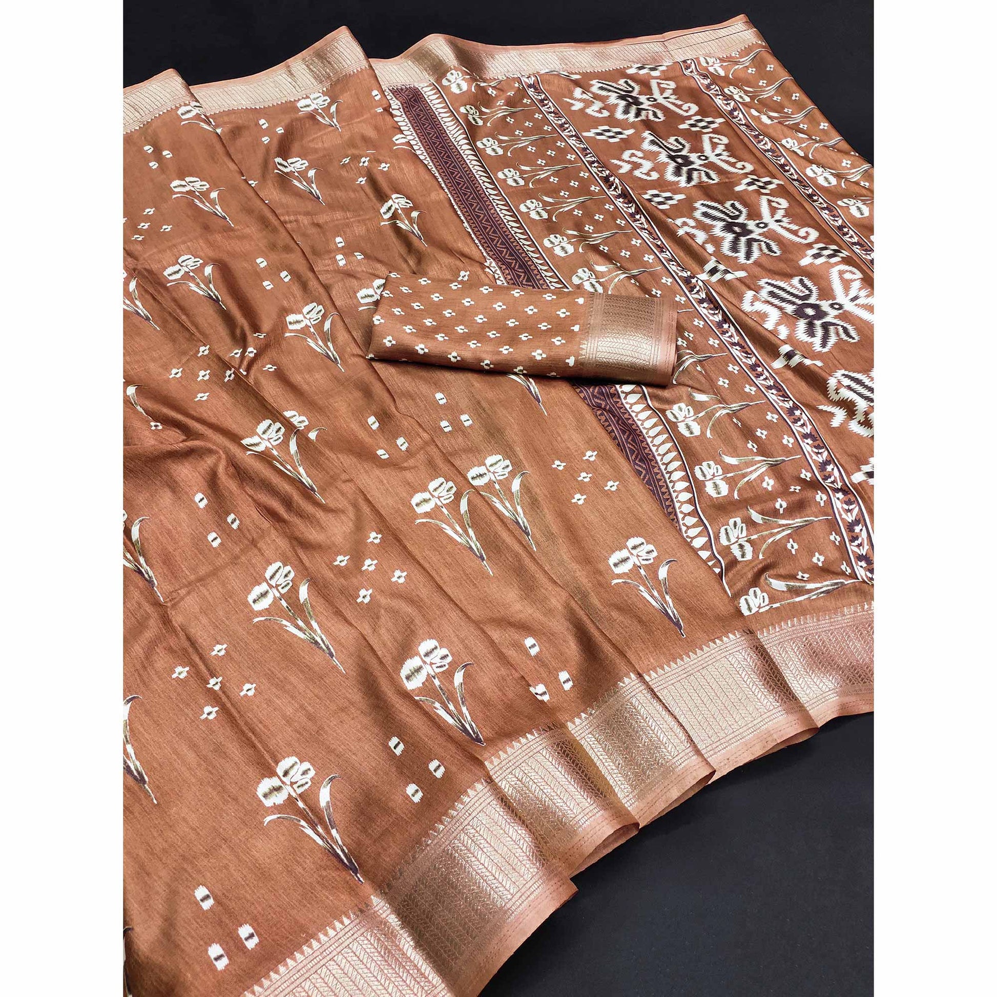 Light Brown Floral Printed Dola Silk Saree