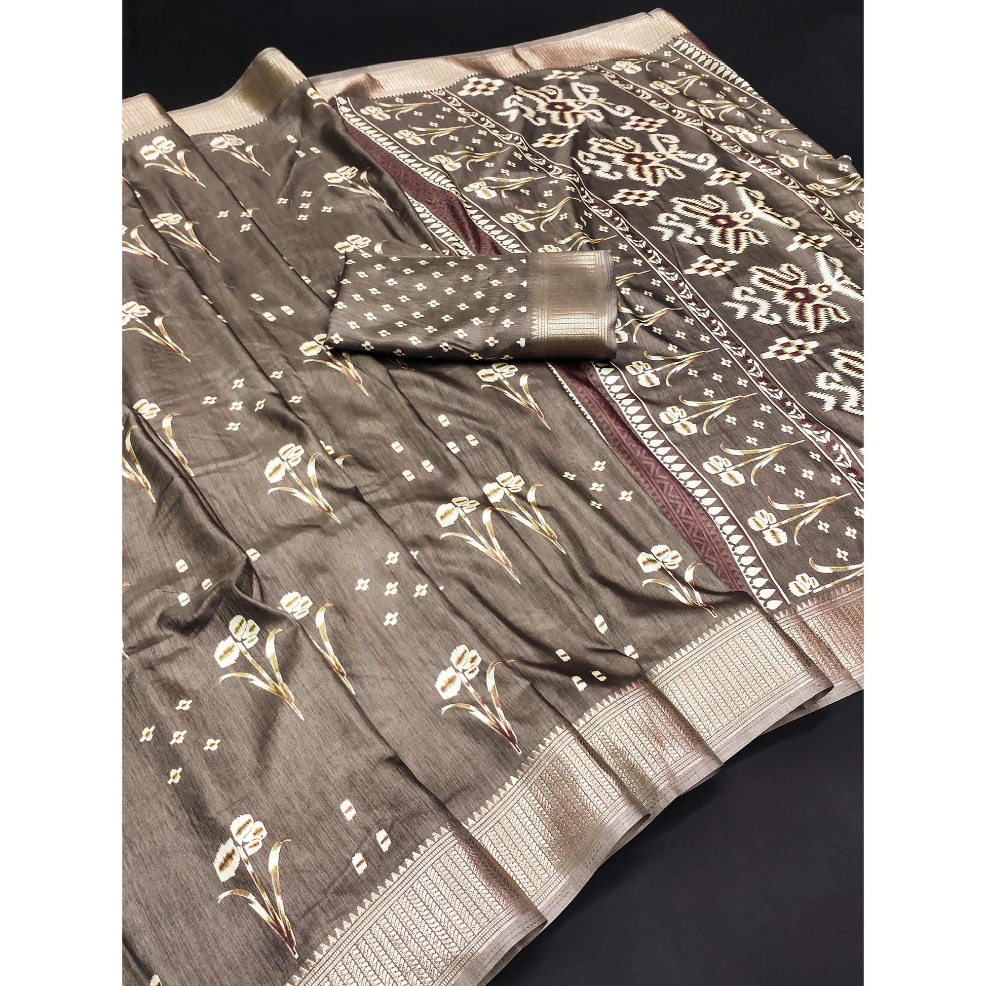 Light Coffee Floral Printed Dola Silk Saree