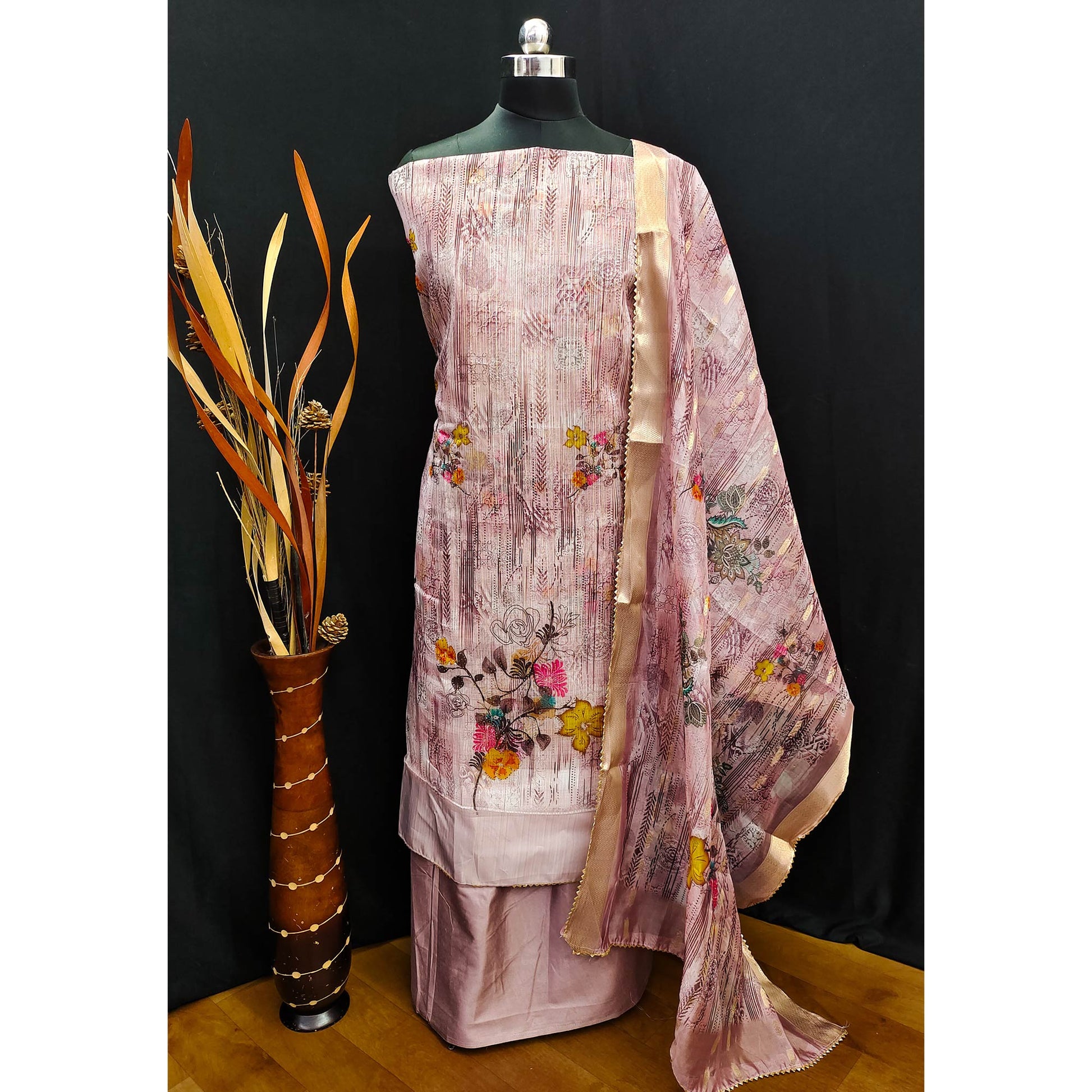 Mauve Floral Printed With Swarovski Work Organza Dress Material