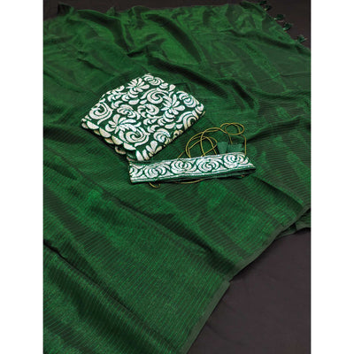 Dark Green Striped Woven Art Silk Saree With Tassels