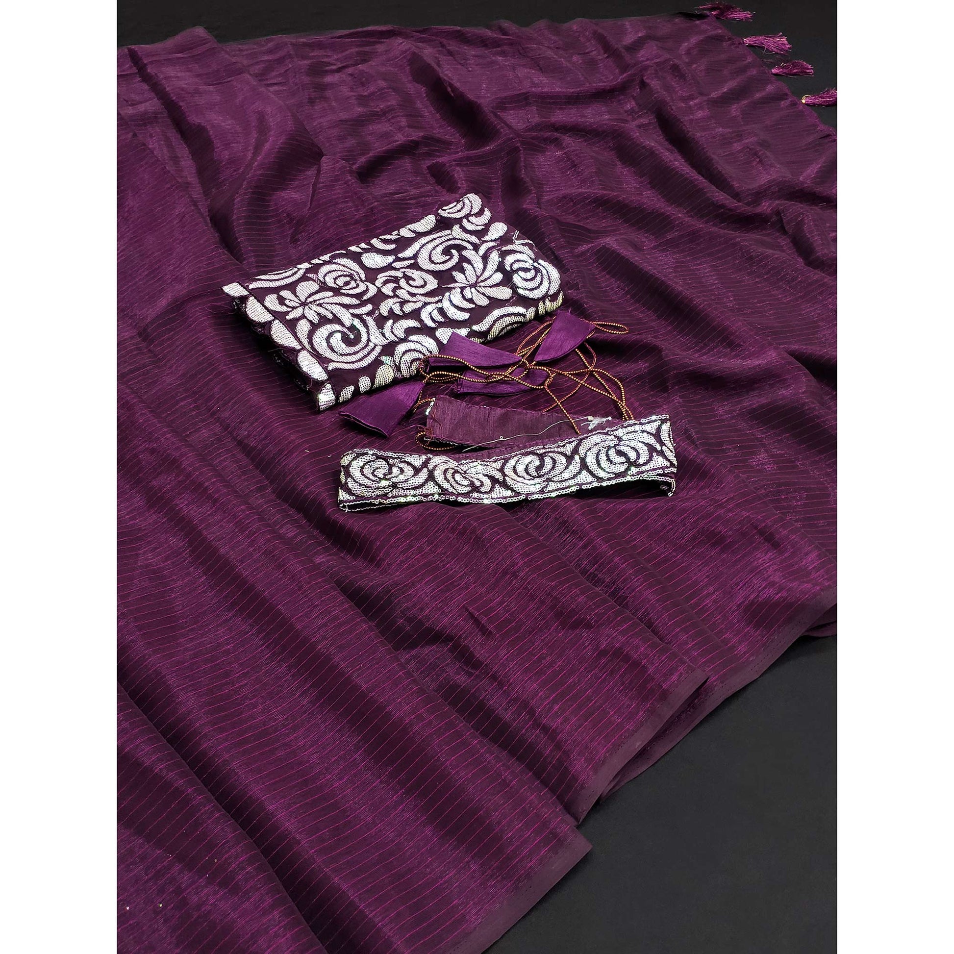 Dark Purple Striped Woven Art Silk Saree With Tassels
