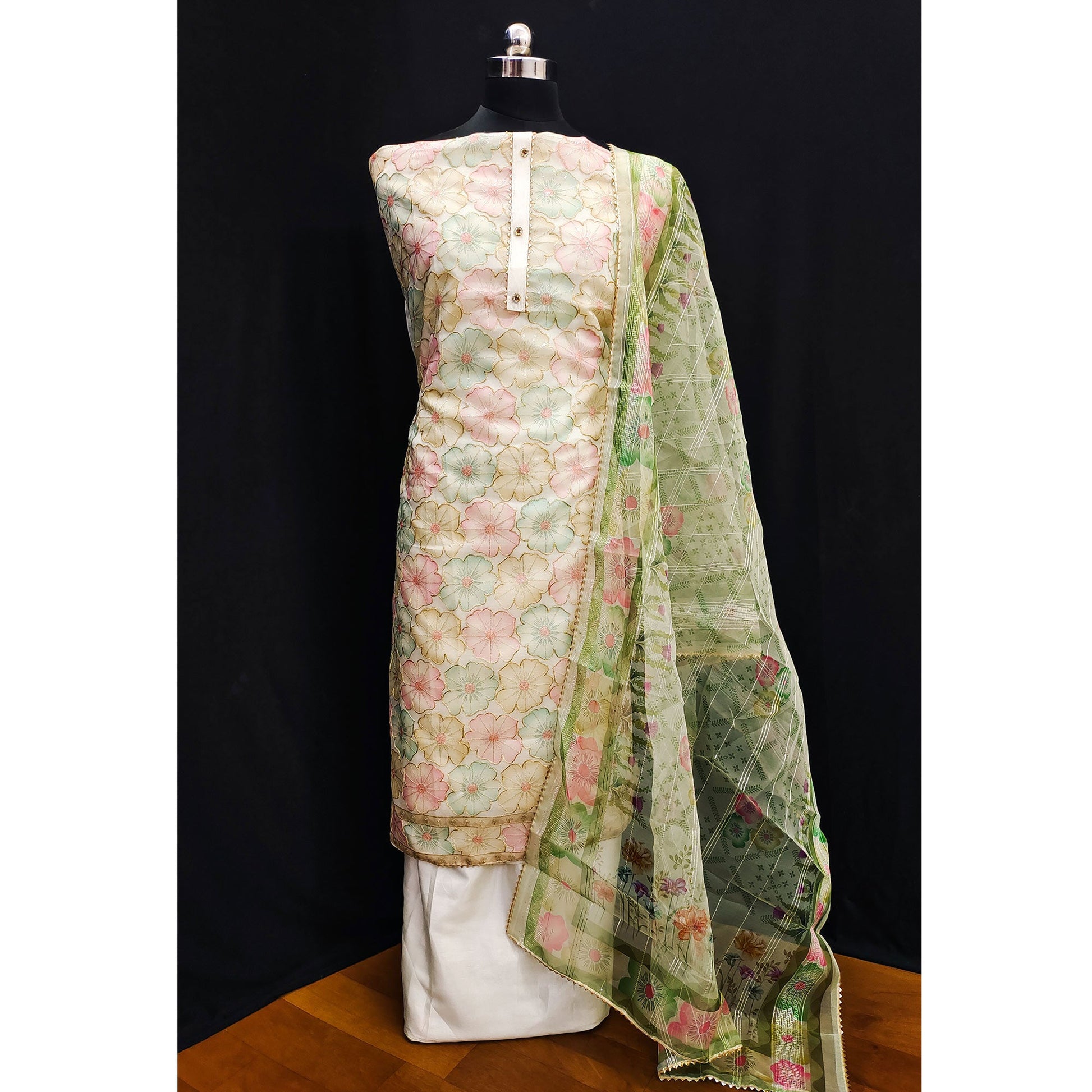Cream Floral Printed Organza Dress Material