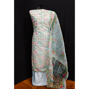 Light Turquoise Floral Printed Organza Dress Material