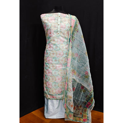 Light Turquoise Floral Printed Organza Dress Material