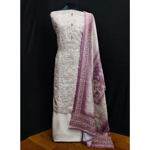 Cream Floral Printed Linen Dress Material