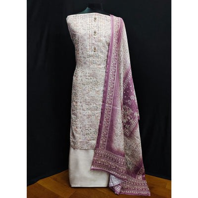 Cream Floral Printed Linen Dress Material
