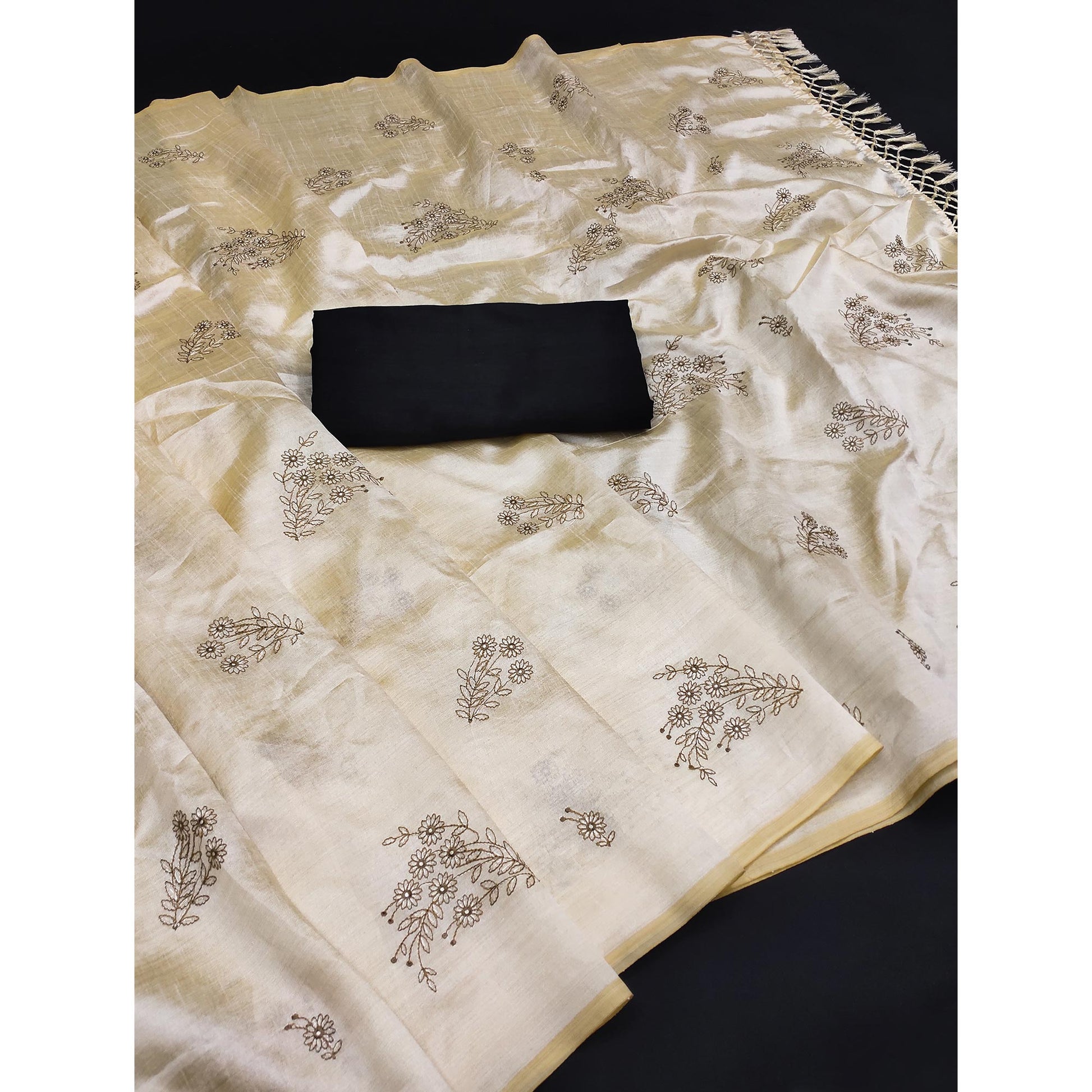 Cream Embroidered Assam Silk Saree