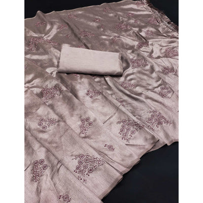 Brown Floral Embroidered Art Silk Saree With Tassels