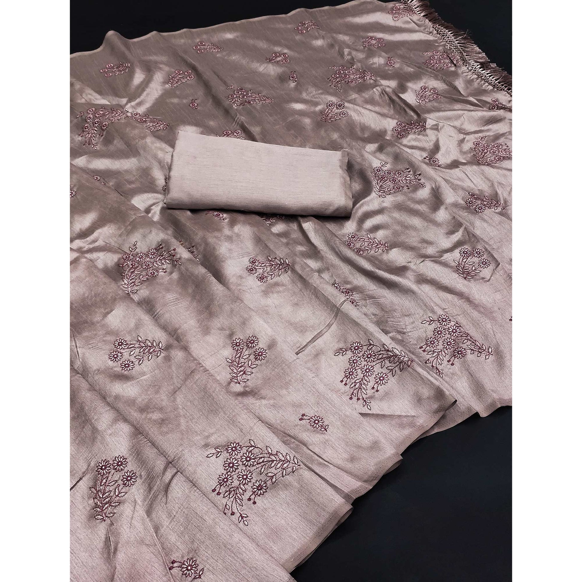 Brown Floral Embroidered Art Silk Saree With Tassels