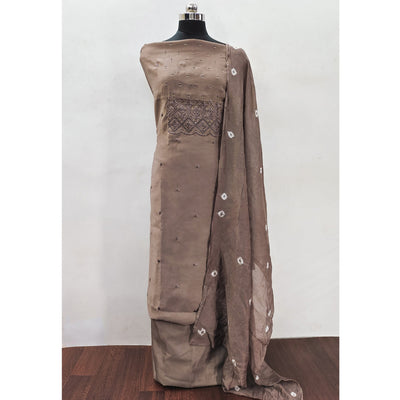 Brown Embroidered Cotton Blend Dress Material