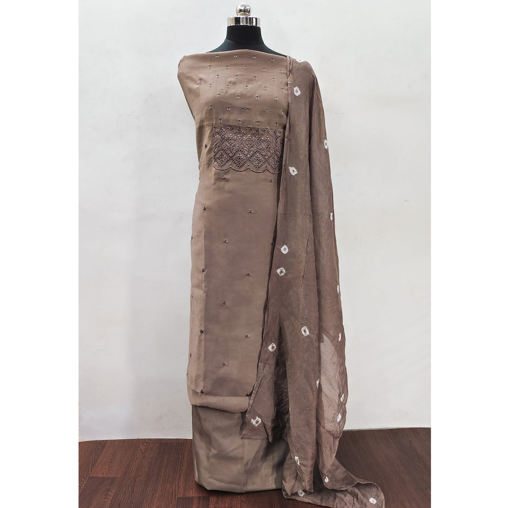 Brown Embroidered Cotton Blend Dress Material