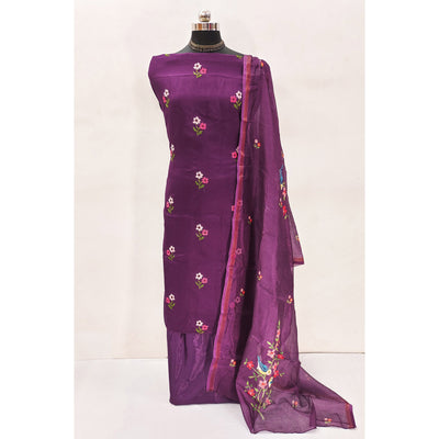 Dark Purple Floral Embroidered Kota Doria Dress Material
