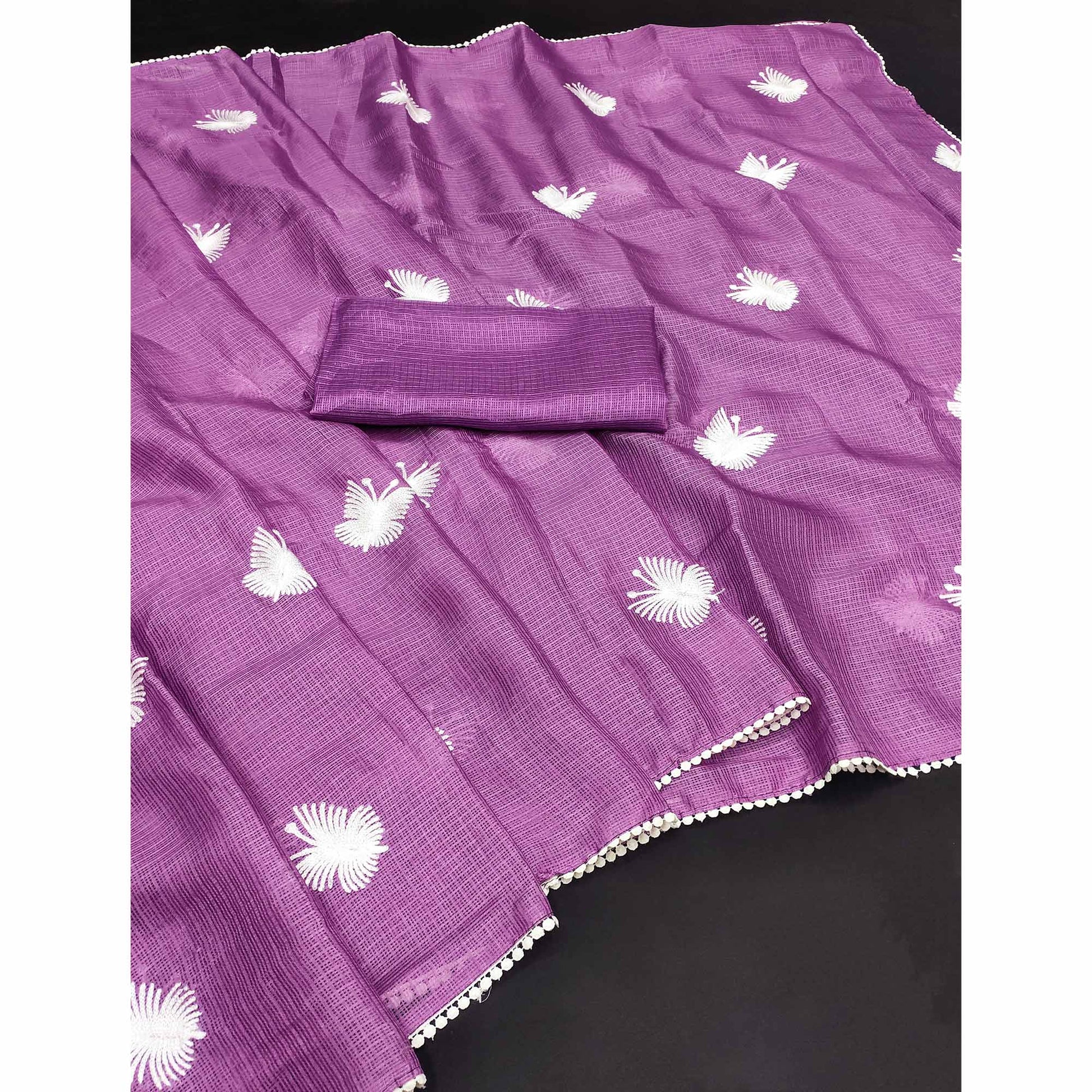 Light Purple Embroidered Kota Doria Saree