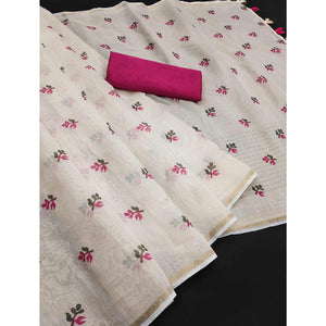 Cream & Pink Floral Printed Cotton Silk Saree With Tassels