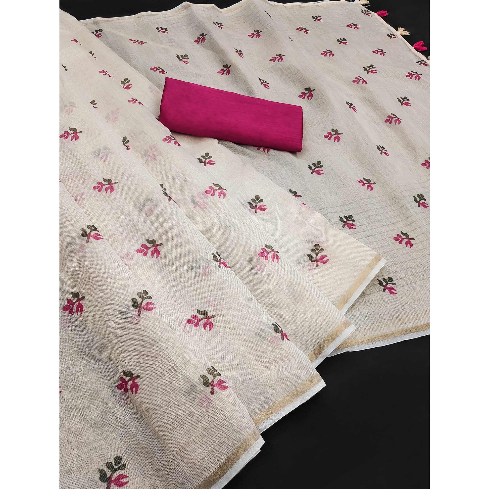 Cream & Pink Floral Printed Cotton Silk Saree With Tassels