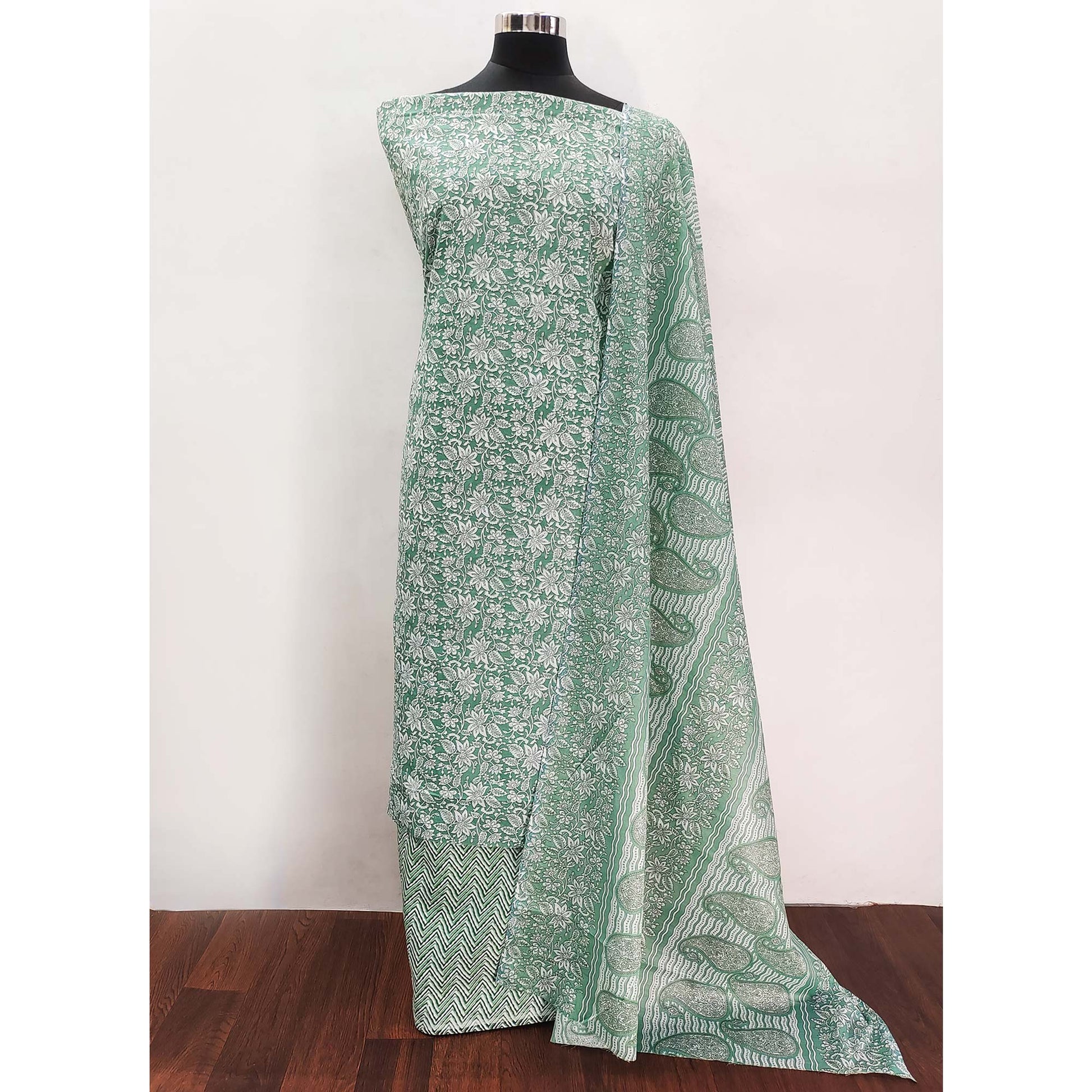 Dark Green Floral Printed Pure Cotton Dress Material