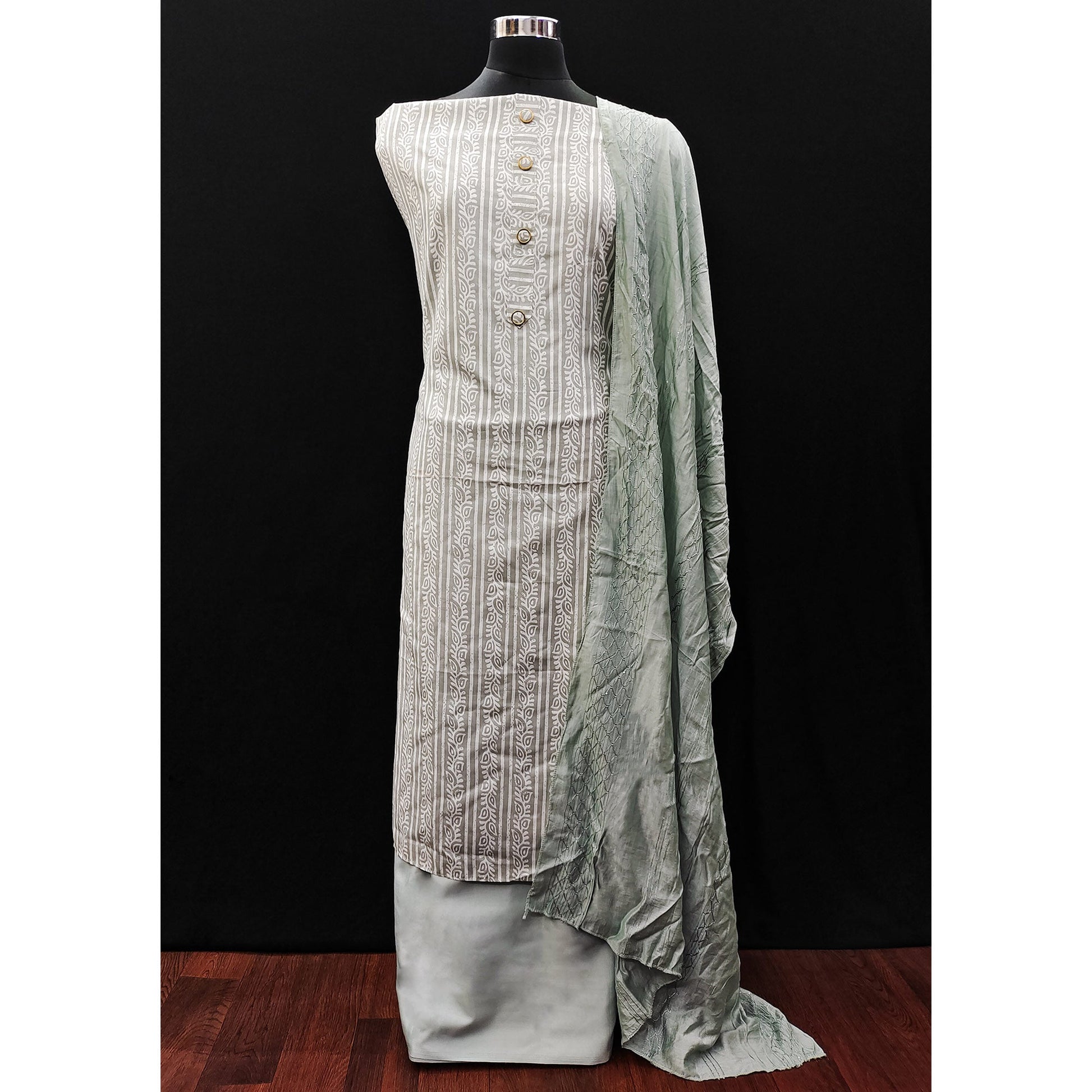 Grey Printed Pure Cotton Dress Material