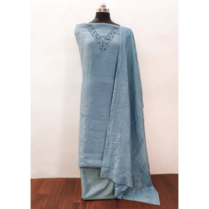 Bluish Grey Embroidered Cotton Blend Dress Material