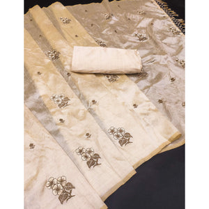 Cream Floral Embroidered Assam Silk Saree With Tassels
