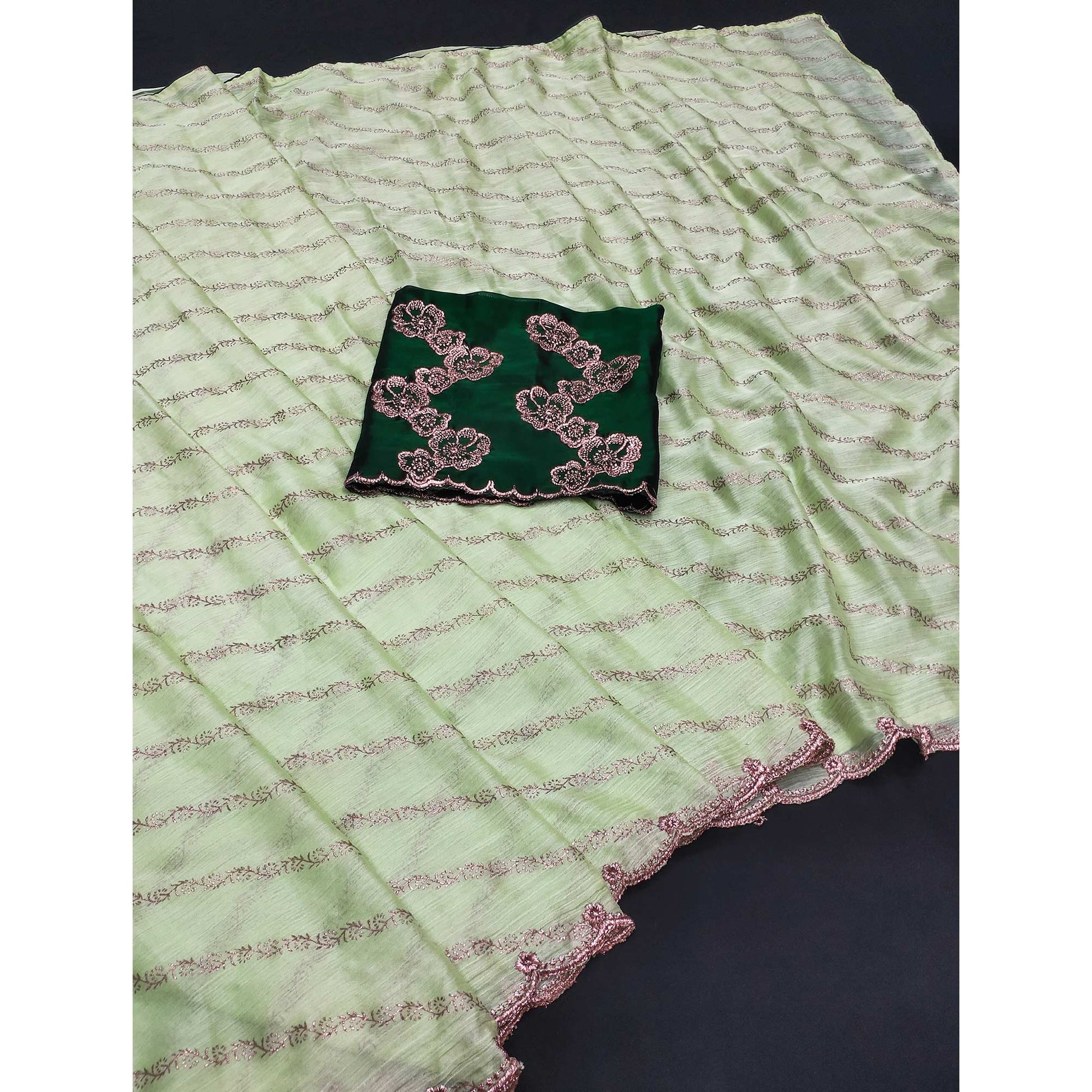 green-foil-printed-chiffon-saree-with-embroidered-border