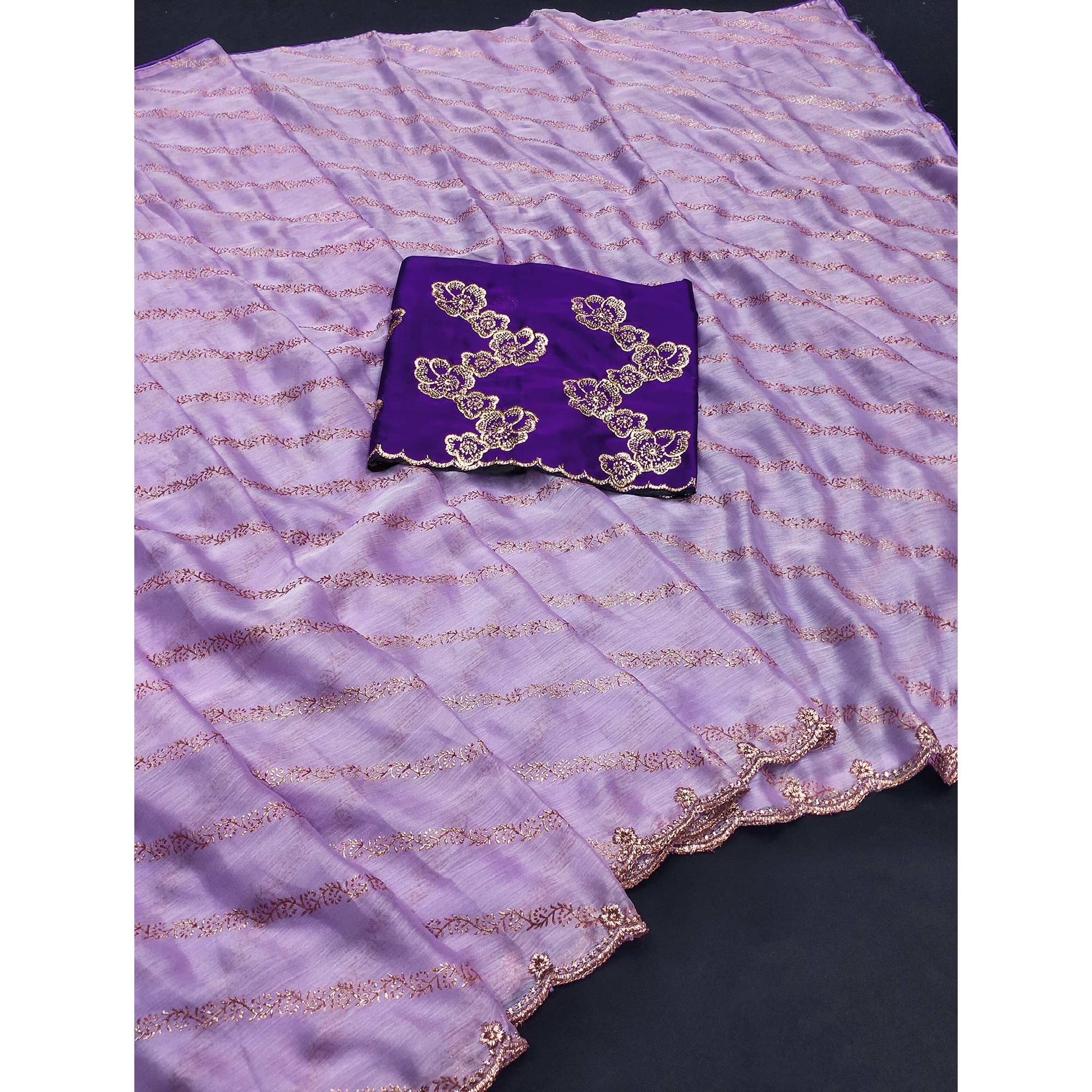 Lavender Foil Printed Chiffon Saree With Embroidered Border
