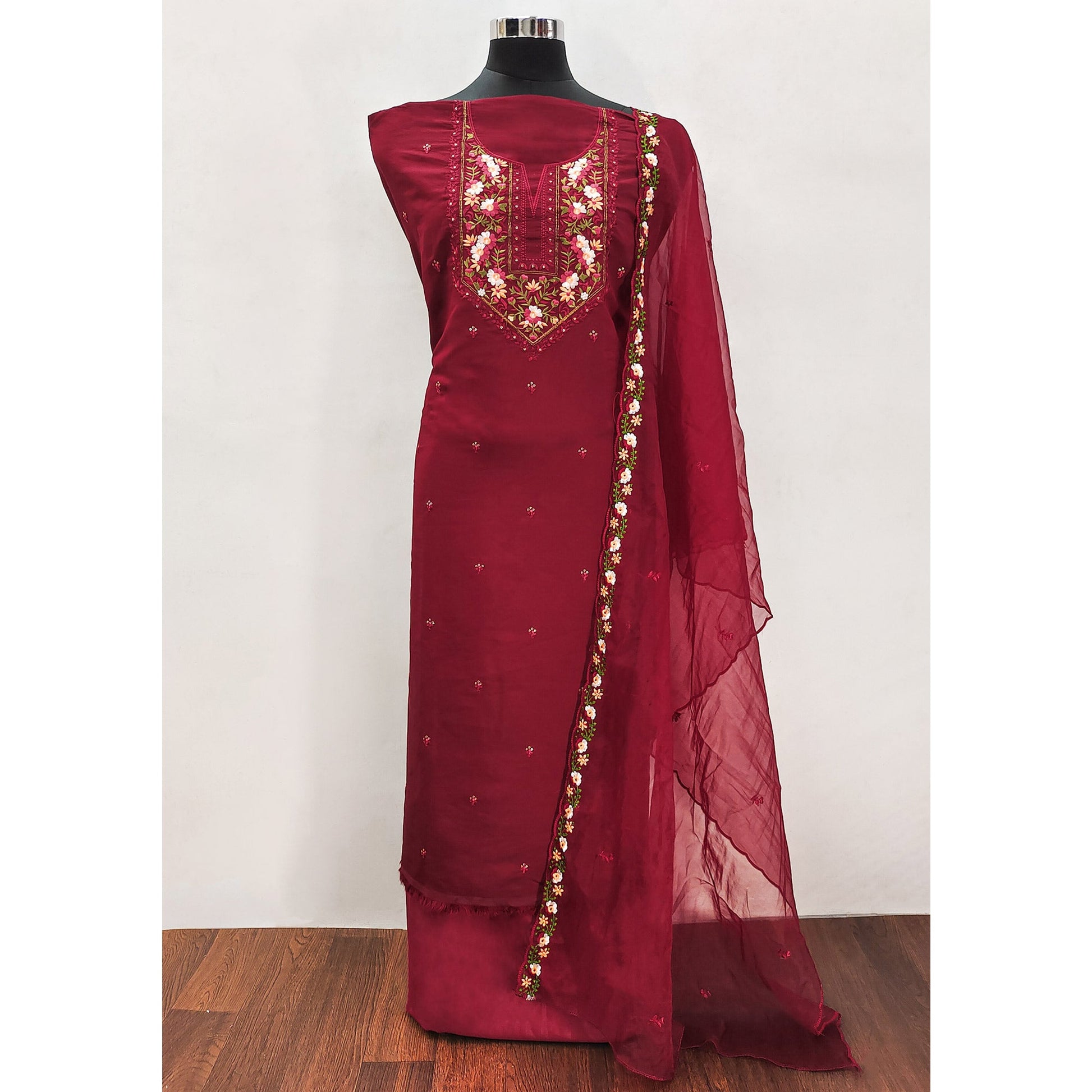 Maroon Floral Embroidered Viscose Dress Material