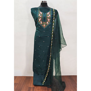 Morpich Green Floral Embroidered Viscose Dress Material