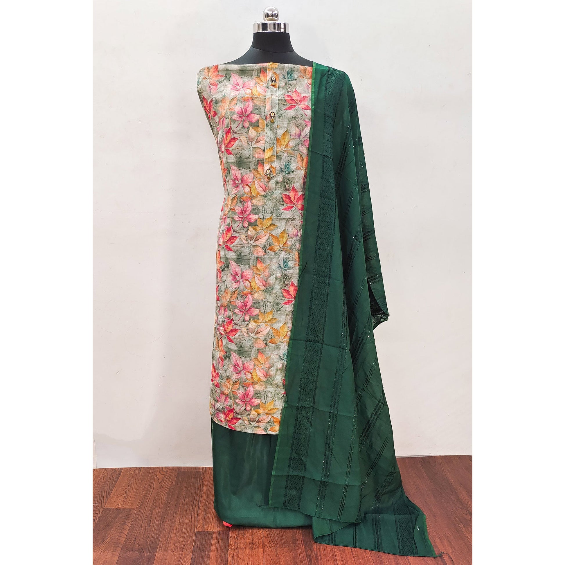 green-floral-printed-linen-dress-material