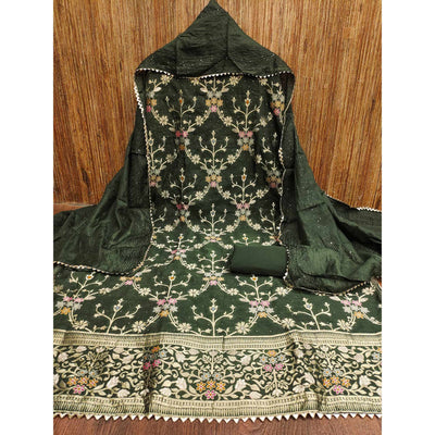 Mehandi Green Floral Zari Weaving Banarasi Silk Dress Material
