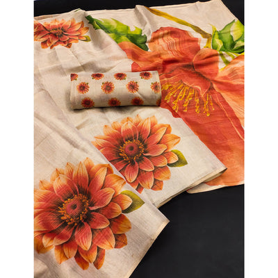 Light Chikoo Floral Printed Art Silk Saree