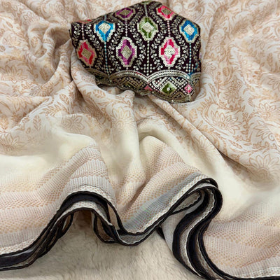 Cream Floral Printed Georgette Saree