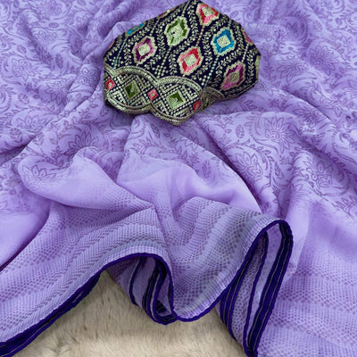 Lavender Floral Printed Georgette Saree
